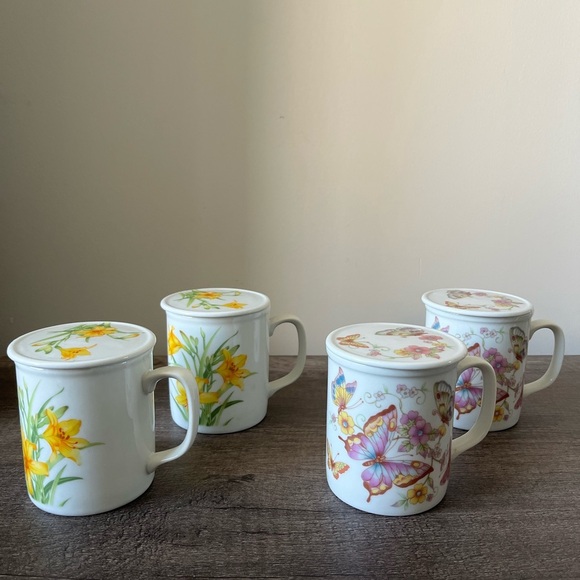 Toscany Collection Japan Butterfly & Floral Vintage Cup with lid Set of 4 - Picture 1 of 11